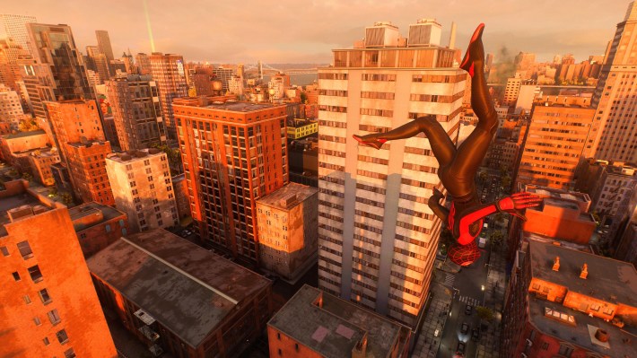 Miles Morales swinging through what is called Williamsburg in the game.