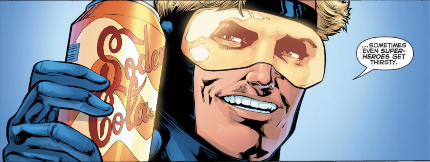 Booster Gold, plugging a soda brand after doing some super heroism