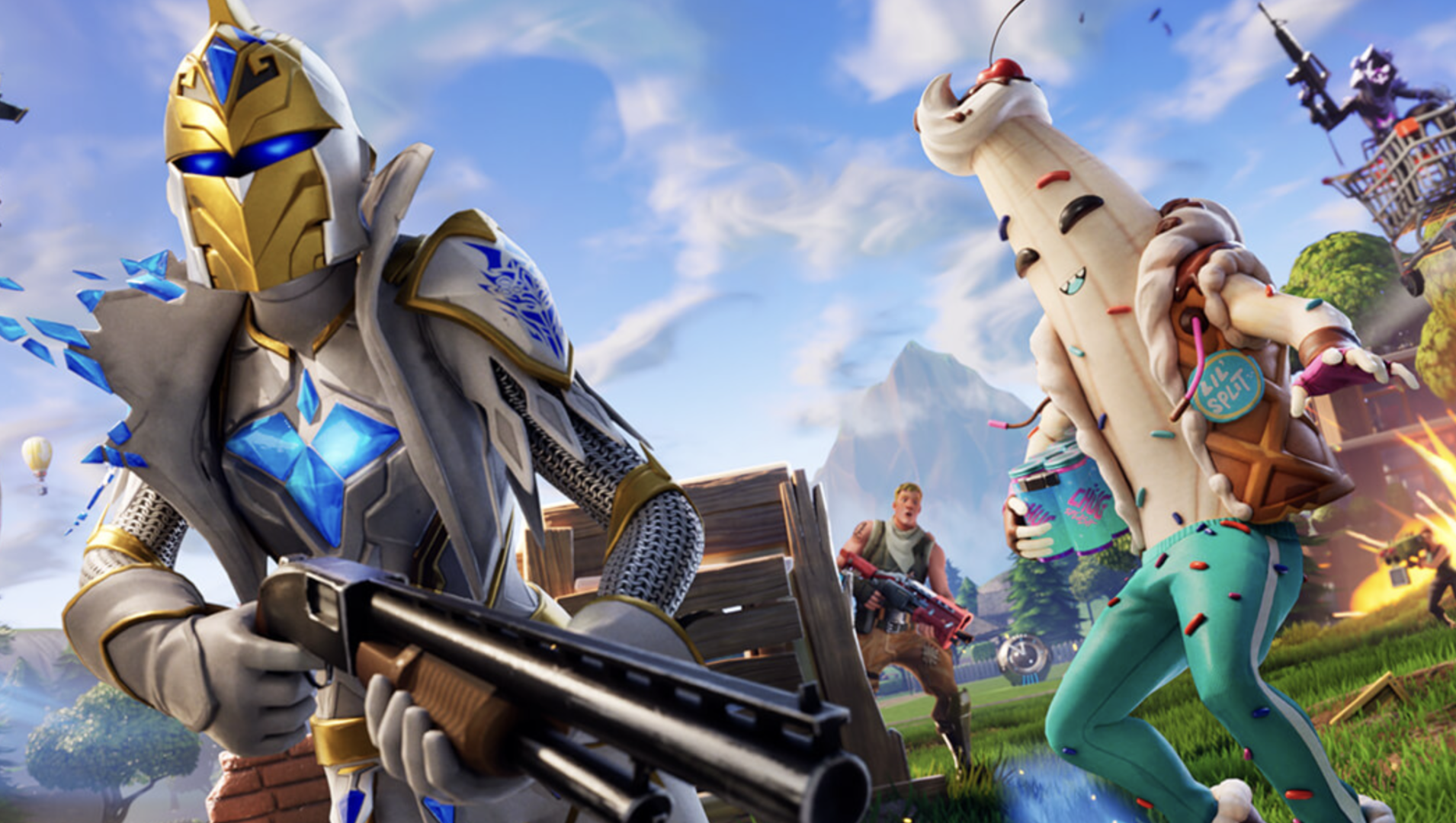 Characters from the video game Fortnite's latest season, a person in armor and a banana