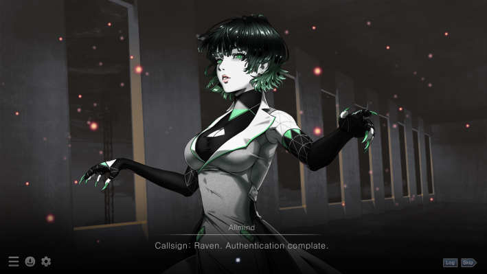 A screenshot from Amoured Core, the Armored Core 6 dating sim. In this screenshot is Allmind, represented by a woman in a green and white wrap dress, striking green eyes, green streaks in her hair and long green nails.
