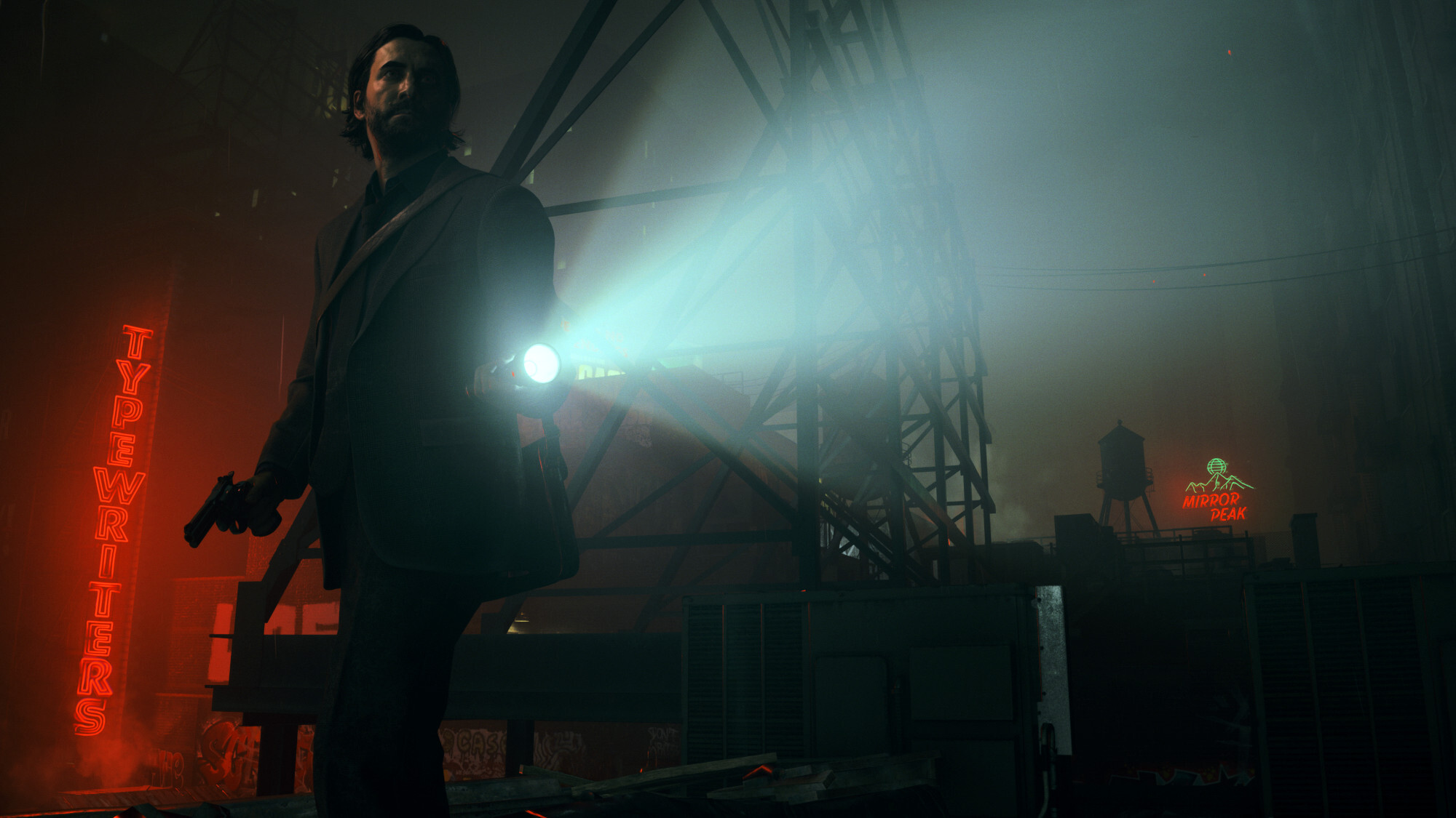 Video game character Alan Wake shines a flashlight in the dark. Behind him is a red glowing neon sign that reads "typewriters."