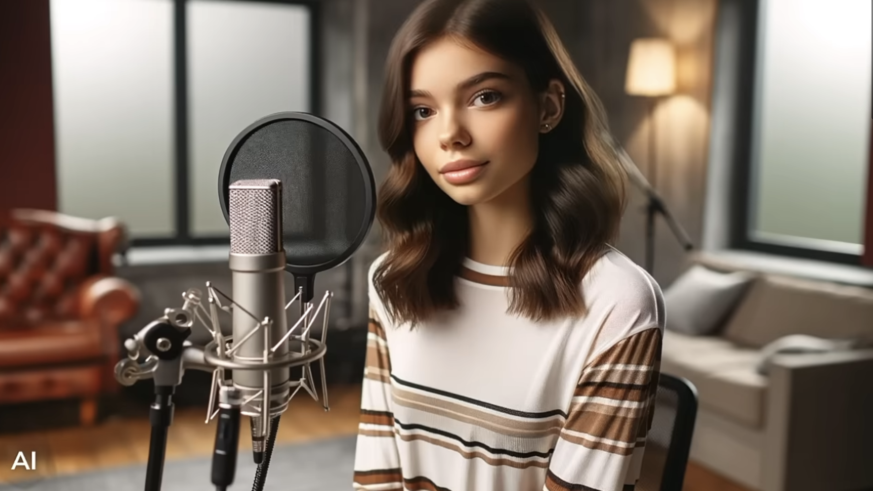 The AI singer-songwriter Anna Indiana: a young woman with brown hair in a white sweater with brown and tan stripes. She sits in front of a microphone, in a room with a grey couch behind her and a brown couch to her right.