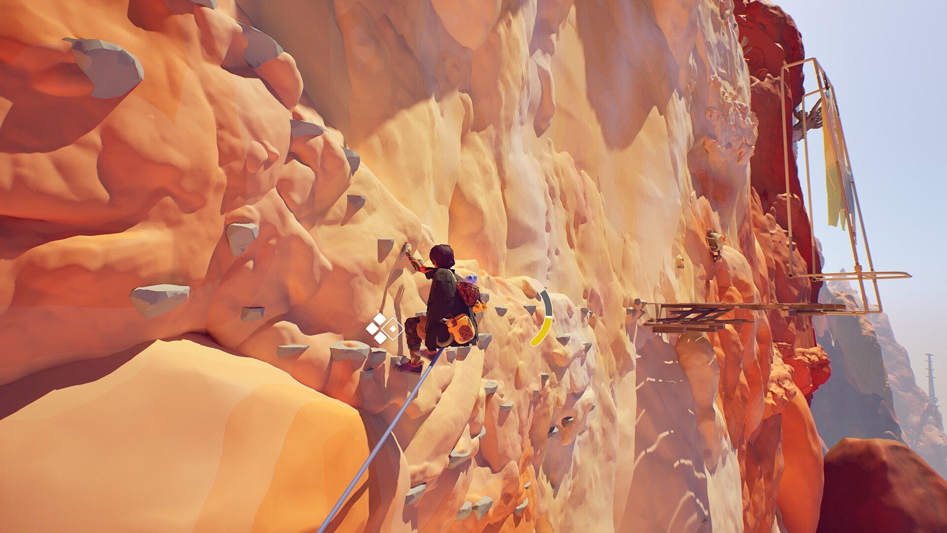 A screenshot from the video game "Jusant:" a character is climbing a sandy-colored rock face