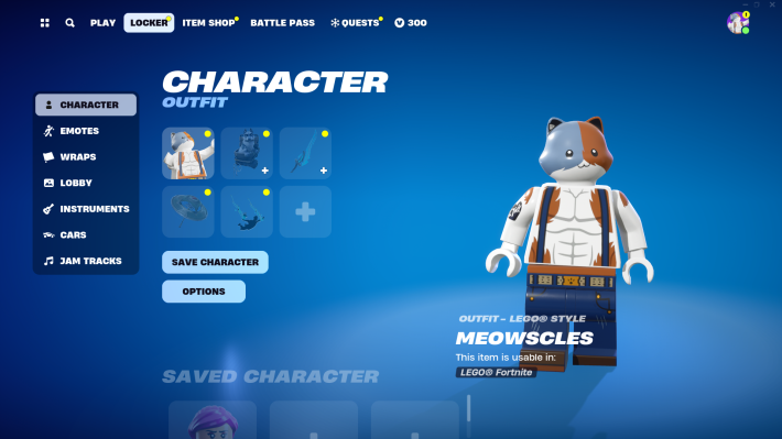 The Fortnite character Meowscles as a Lego character: a white calico cat with brown and grey markings, wearing jeans and a black harness.