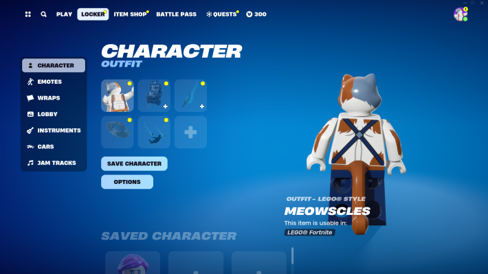 The Fortnite character Meowscles as a Lego character, from the back: a white calico cat with grey and brown markings. He has a black harness crossing his back and a brown tail.