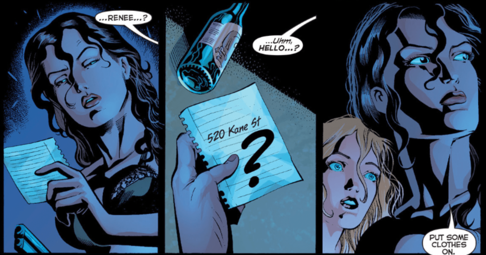 A screenshot from 52 featuring renee montoya telling her lover to put some clothes on