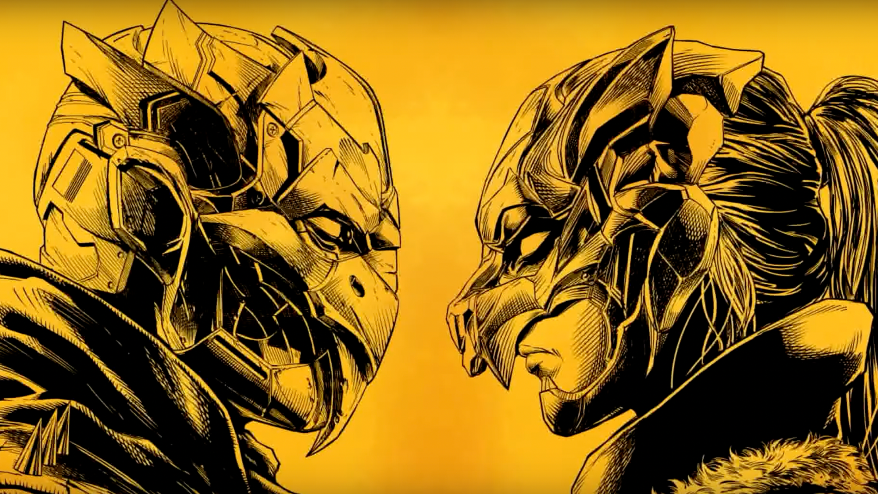 A screenshot from the trailer for Ghost Machine featuring two new super heroes looking at each other in profile