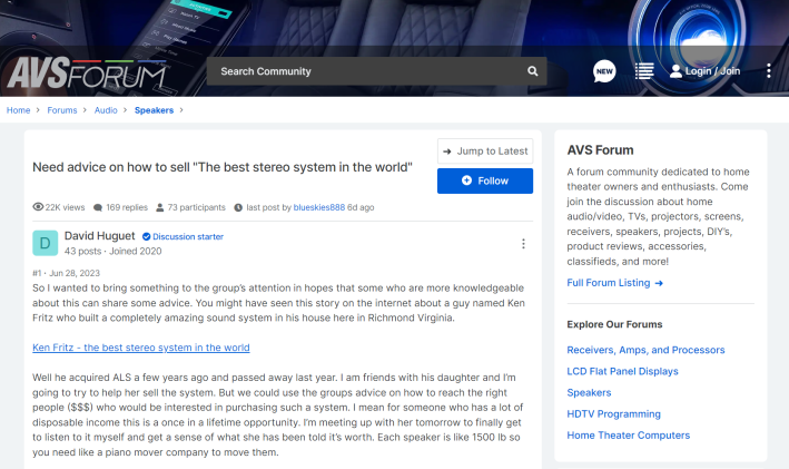 An AVSForum post from June 2023 labeled "Need advice on how to sell 'the best stereo system in the world'.