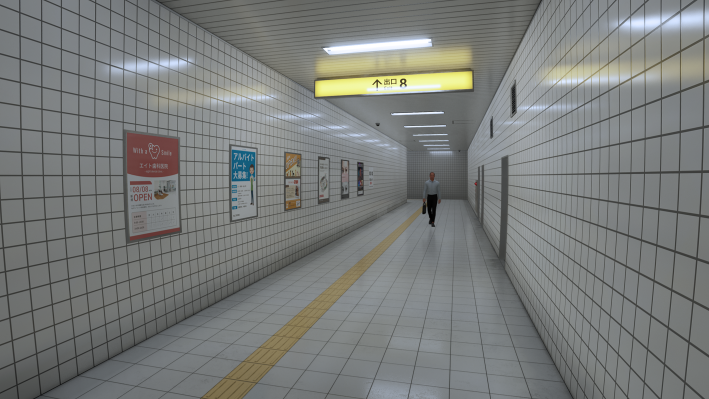 A normal hallway in The Exit 8 with several posters, a sign indicating the exit, a man, tiles for the blind, 2 doors, 5 posters, and several symmetrical lights.