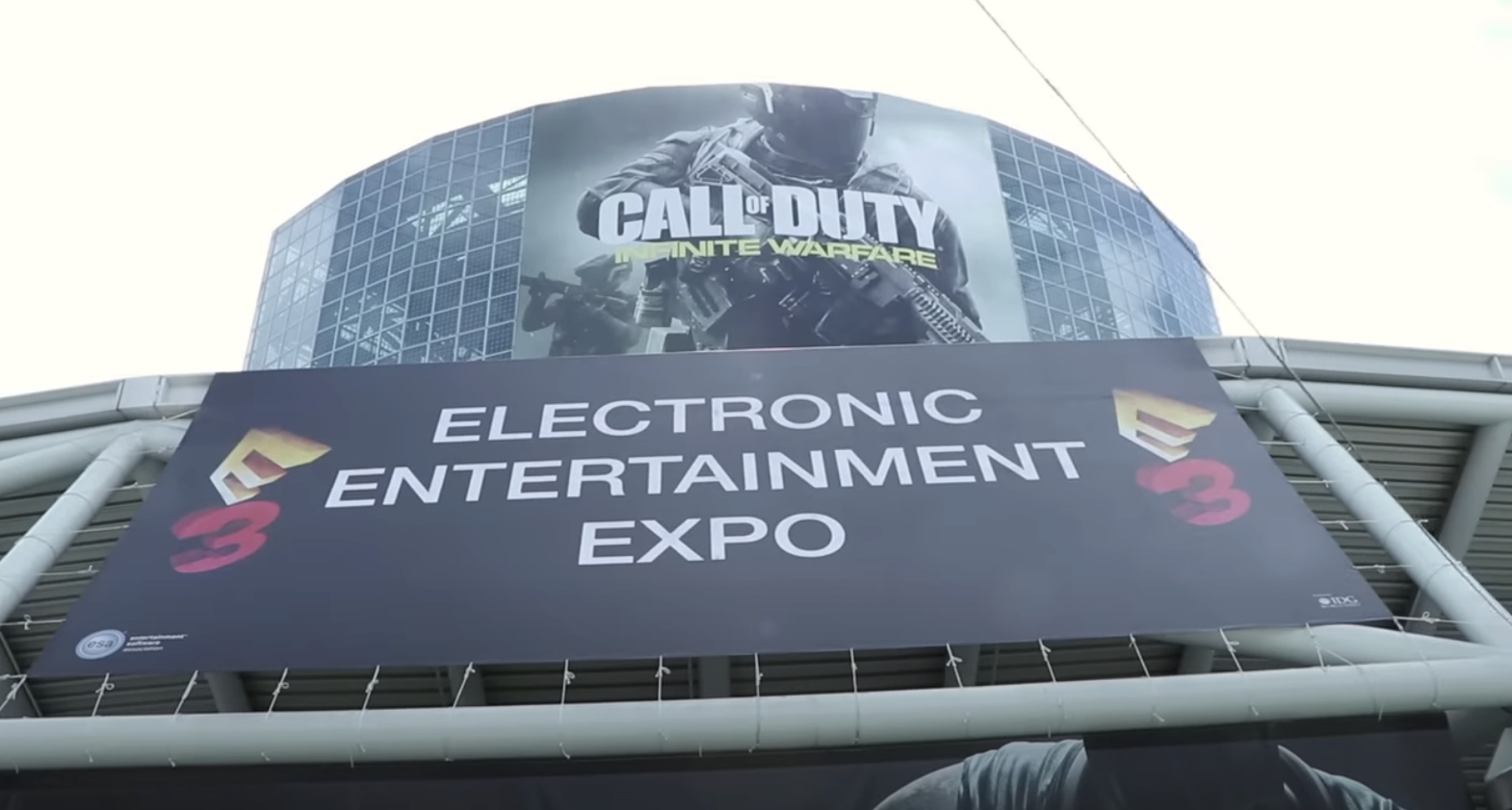 Outside the E3 convention center in 2016: a sign reads "Electronic Entertainment Expo," below a post for Call of Duty