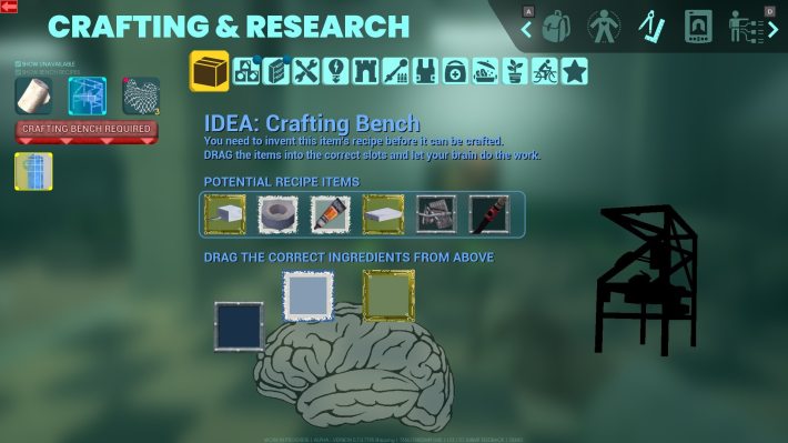 The crafting screen of Abiotic Factor. A row of icons at the top indicates types of recipes. Below, text reads "IDEA: Crafting bench. You need to invent this item before it can be crafted. DRAF the items into the correct slots and let your brain do the work." Below, text reads "POTENTIAL RECIPE ITEMS." Icons representing different items appear below, followed by the words "DRAG THE CORRECT INGREDIENTS FROM ABOVE." Below this are three boxes with borders, above a drawing of a human brain