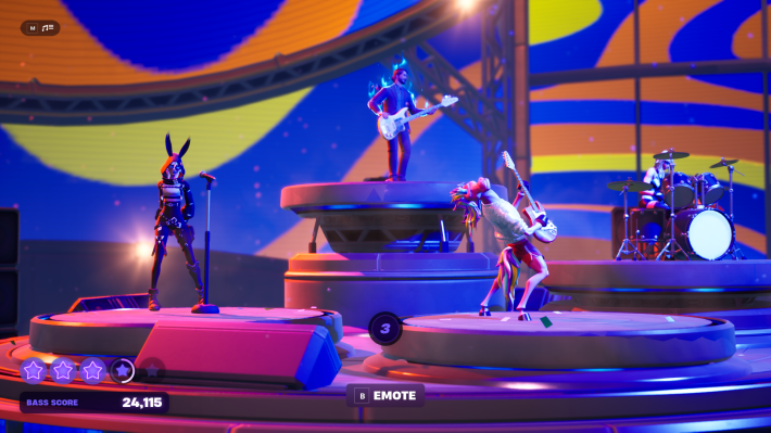 A screenshot from Fortnite's Fortnite Festival mode. Alan Wake on a music stage. Beneath him are a unicorn and a woman dressed as a rabbit, playing instruments.