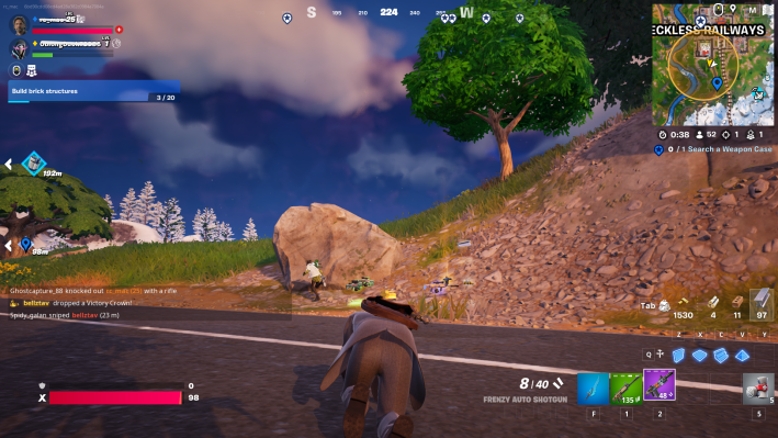 Alan Wake in Fortnite, crawling on a road toward another downed character
