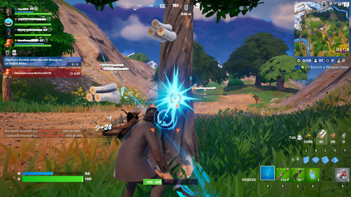 Alan Wake in Fortnite, attacking a tree with an axe. Wood flies from the tree and there's a bright blue blaze indicating where the axe has made contact