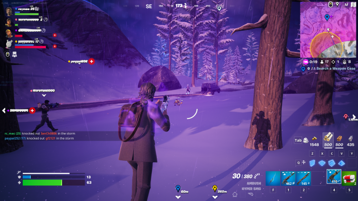 Alan Wake in Fortnite. He's inside the game's storm, making the air purple. He fires at some characters who have fallen down.