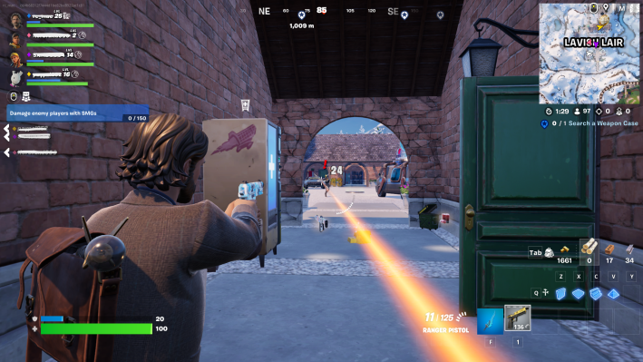 Alan Wake in Fortnite, standing in a hallway firing a gun at NPC enemies who stand in a courtyard shooting back