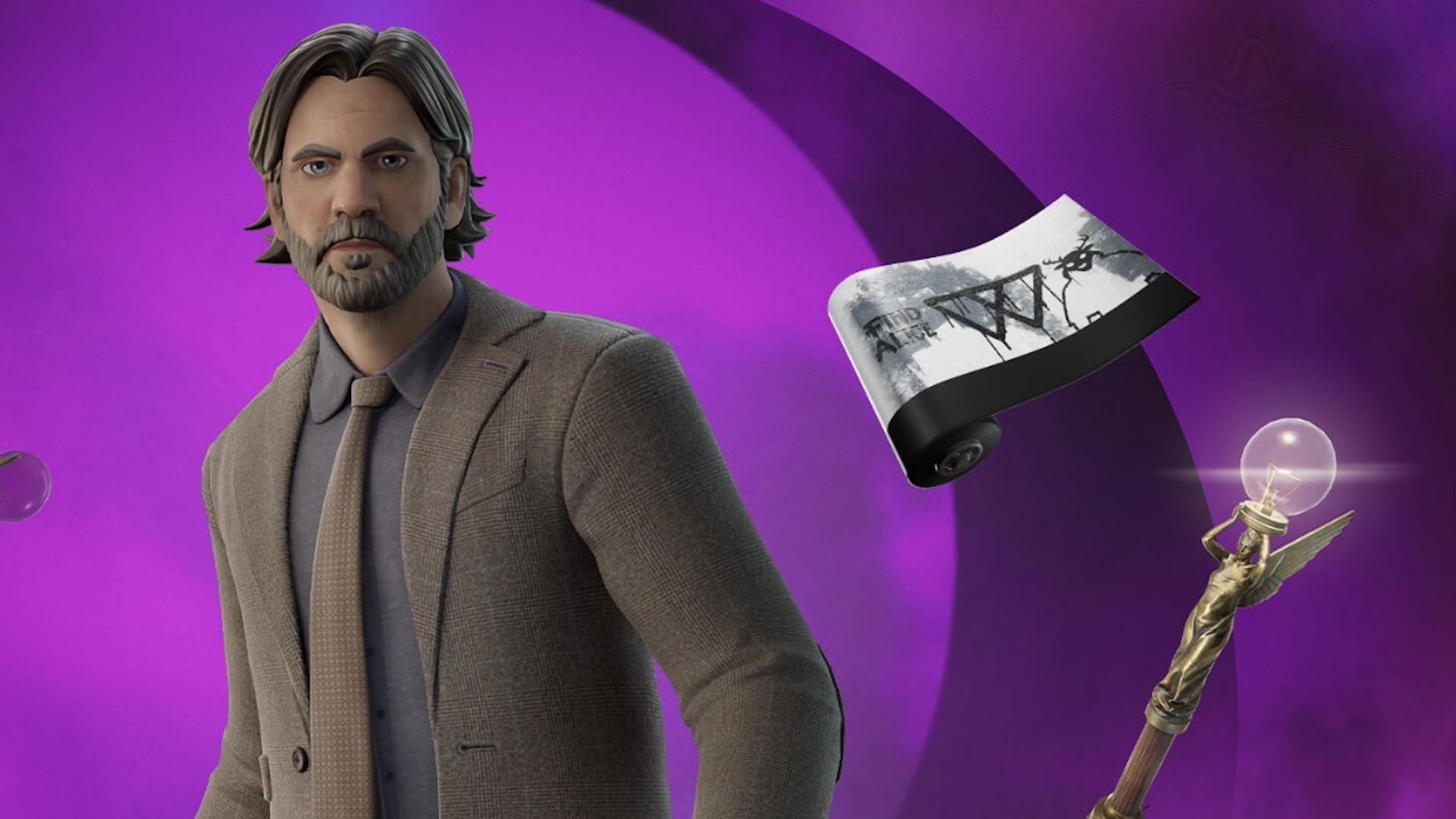 Video game character Alan Wake as a Fortnite character, on a purple background