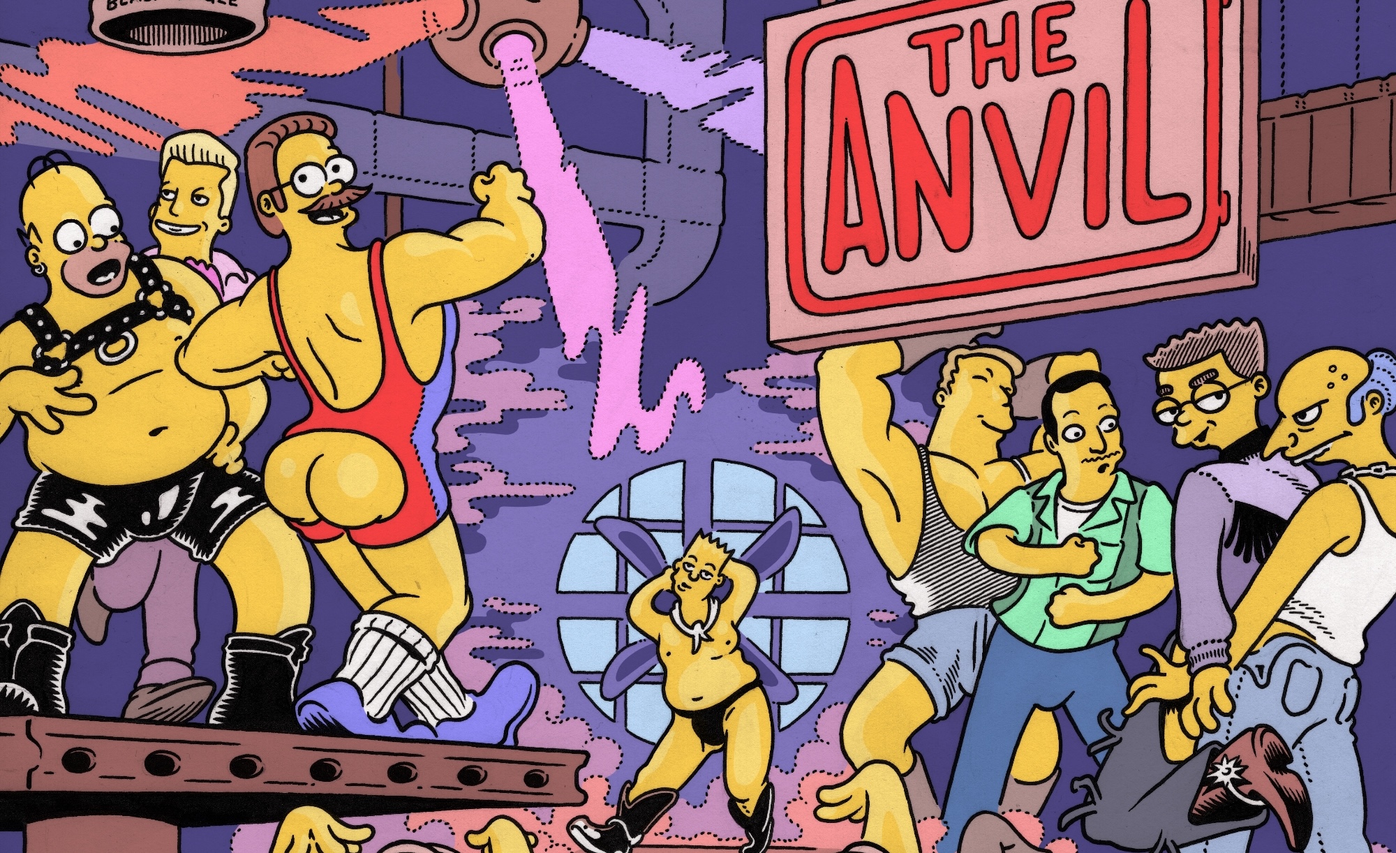 Characters from The Simpsons at a gay nightclub. A sign reads "The Anvil." On the left, Homer wears a harness and stares at Ned Flanders, wearing a snowsuit with the butt cut out. Behind him is Karl. On the right, Waylon Smithers dances with Mr. Burns while John and Rainier Wolfcastle dance around them. In the background, Bart dances in front of a fan in a a bolo tie, cowboy boots, and a thong.