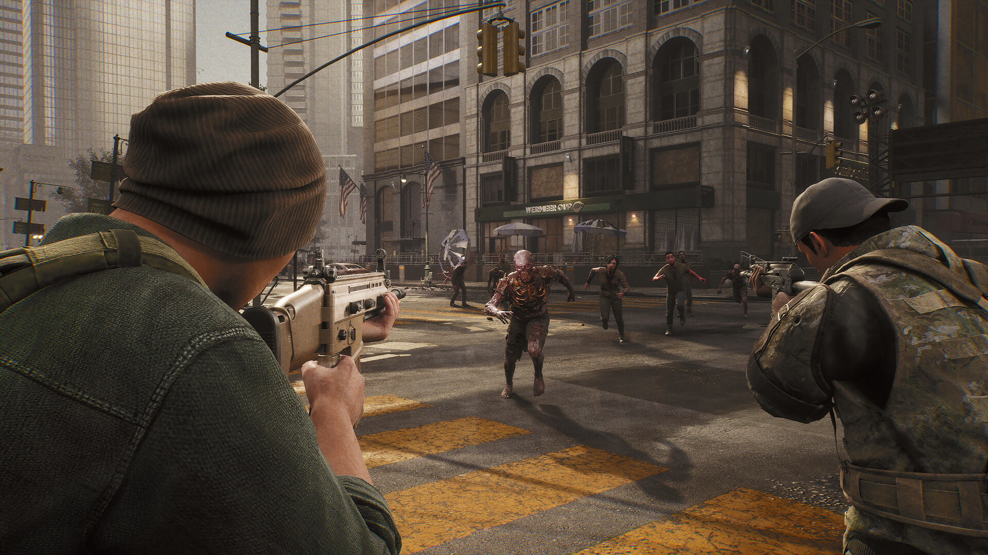 A screenshot from the video game "The Day Before:" Two white men aim guns at a zombie walking down a city street