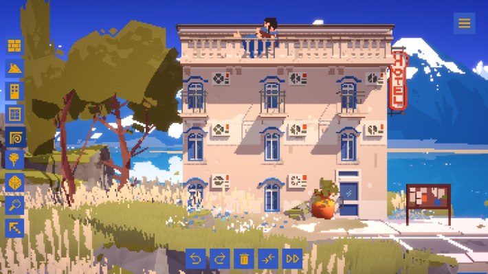 A hotel in the game "Summerhouse:" A three story white building with blue windows. A red sign reading "Hotel" is on the top right. A man in blue playing the guitar sits on the top level of the building