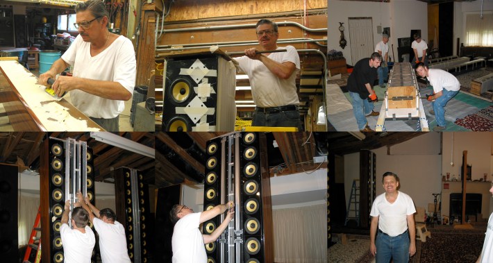 A collage of Ken making his ultimate speaker system.