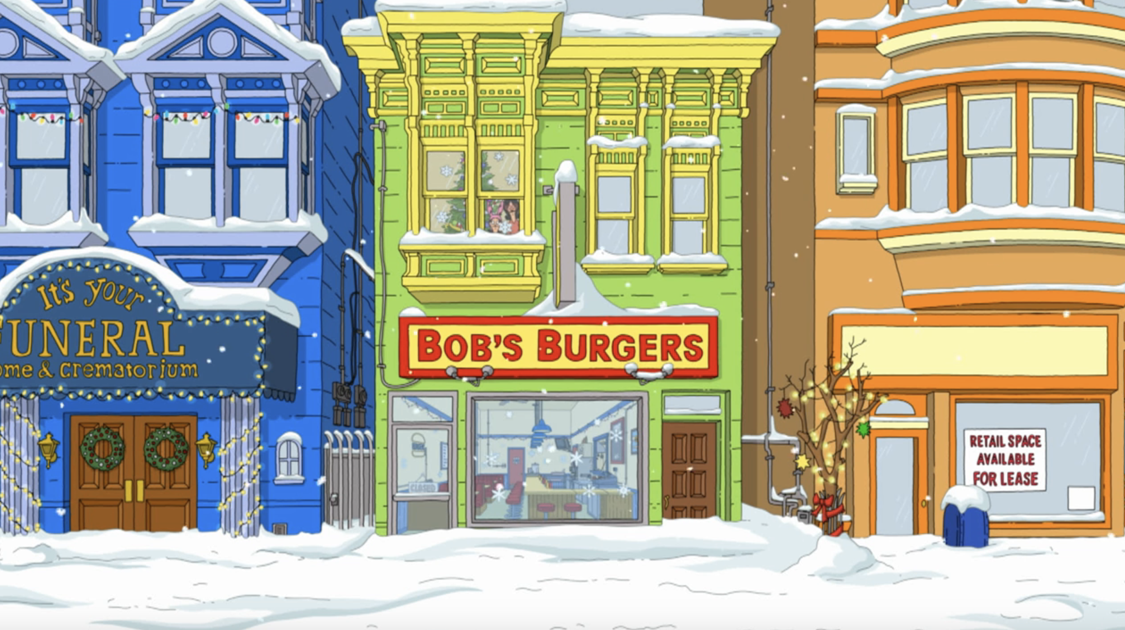 A screenshot of the cartoon "Bob's Burgers:" the titular restaurant, with snow falling around it and piled up out front.