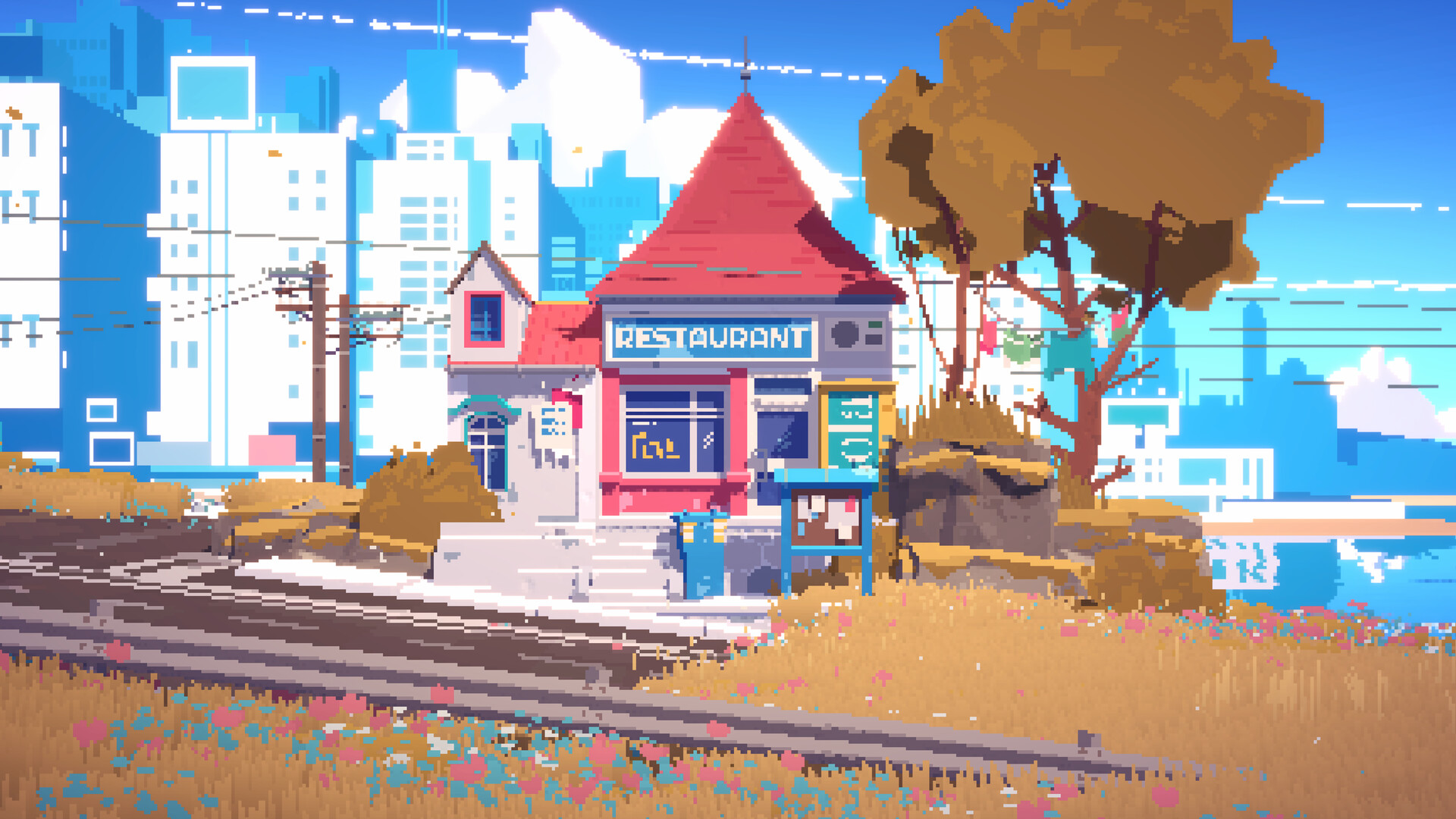 A screenshot from the game "Summerhouse:" A red and white restaurant in front of some train tracks, with trees to the right. A blue sign that reads "Restaurant" is on the front of the building