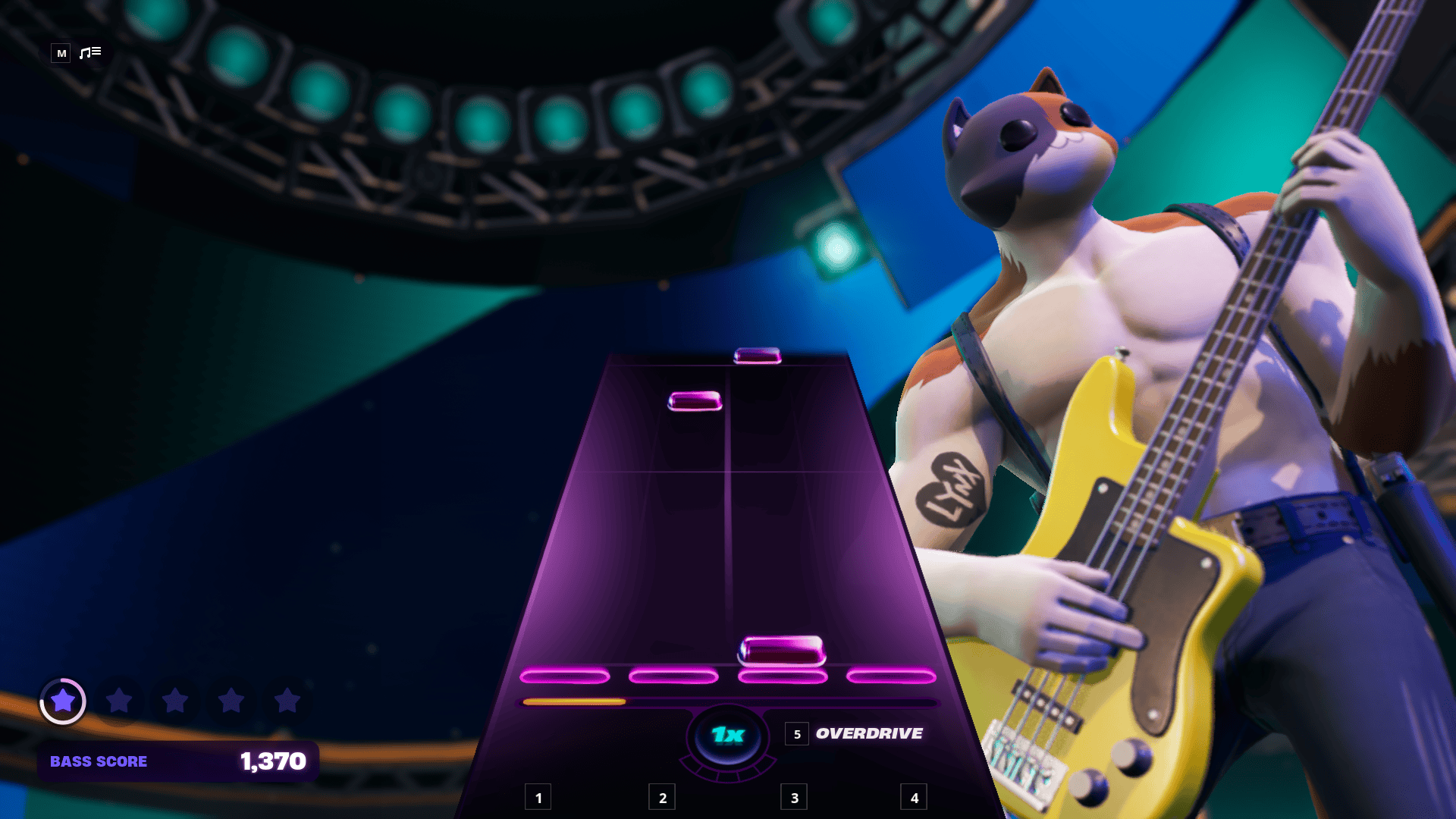 A screenshot of Fortnite's "Fortnite Festival" mode: the character Meowscles, a muscular brown, white, and gray calico, plays a yellow bass guitar. There is a purple track with buttons on it indicating keys the player should press to simulate playing music.