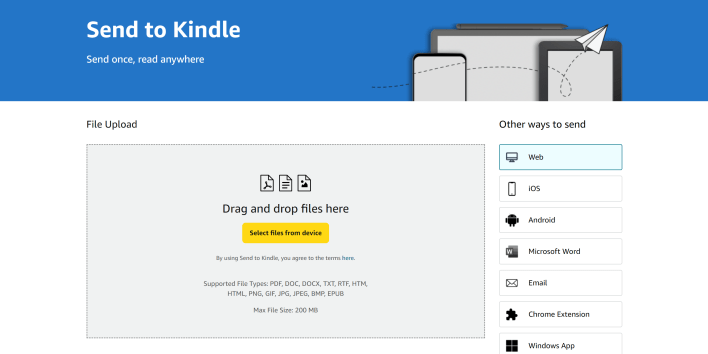 What Amazon's web interface looks like for sending documents to kindle.