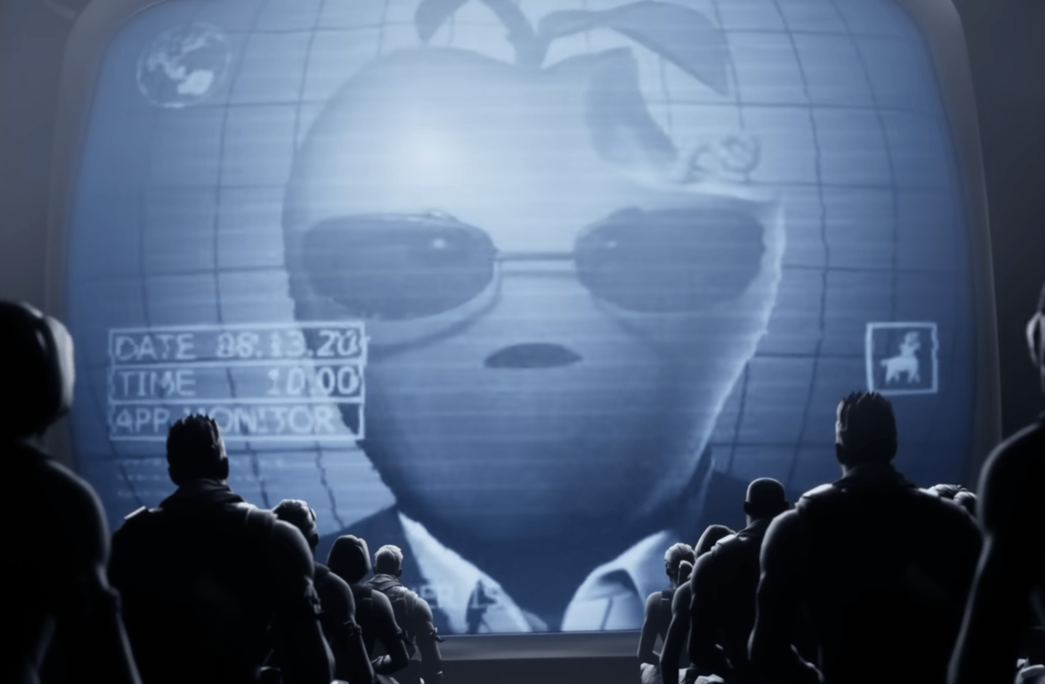 A screenshot from Epic's "Ninteen Eighty-Fortnite" video: a talking apple in a suit and sunglasses on the large monitor, in front of a rapt crowd