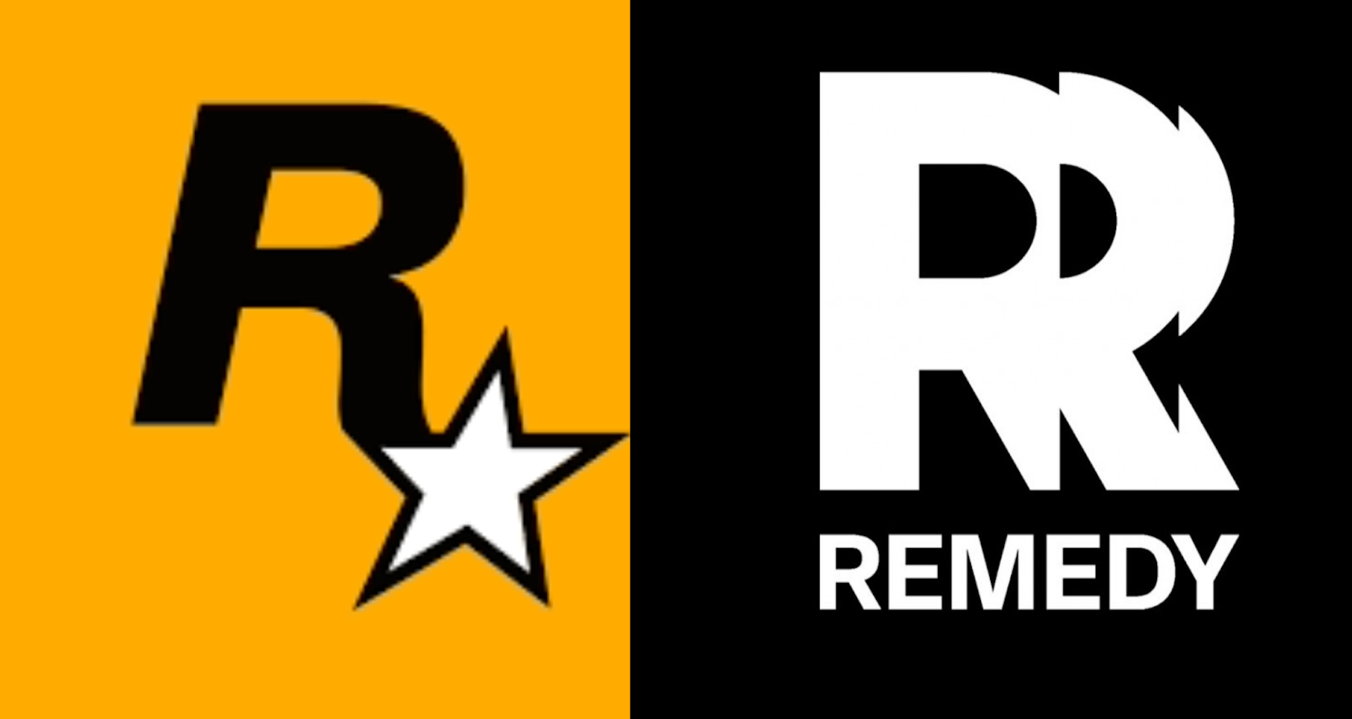 On the left, Rockstar Games' logo: a black R with a white star at the bottom, on a yellow background. On the right, Remedy Entertainment's logo: several overlapping white "R"s over the word "Remedy" on a black background