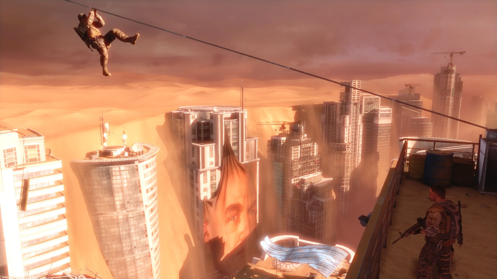 A screenshot from "Spec Ops: The Line:" a soldier slides down a zipline over a destroyed Dubai of tall skyscrapers and orange sand