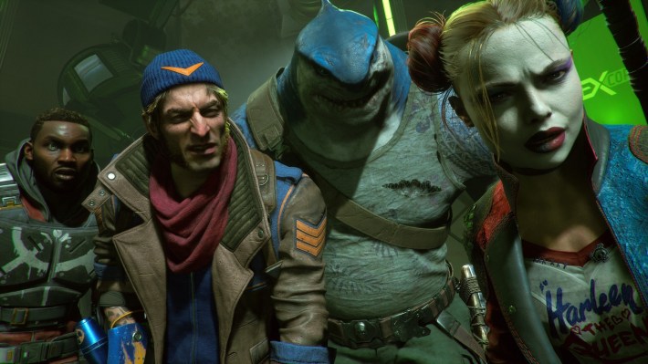 A screenshot from "Suicide Squad: Kill The Justice League;" four DC characters stare suspiciously to the right
