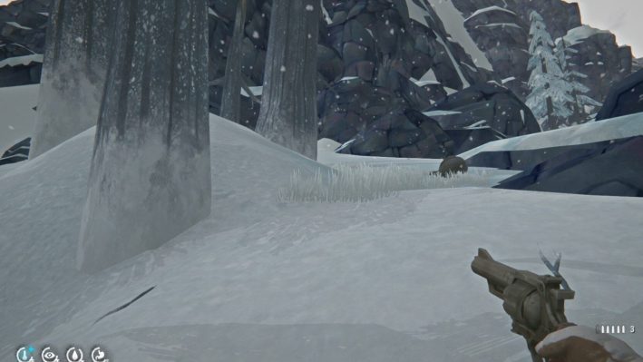 A screenshot from "The Long Dark:" a snowy area with rocks and trees. To the right, there is a bear sleeping; the bear is brown