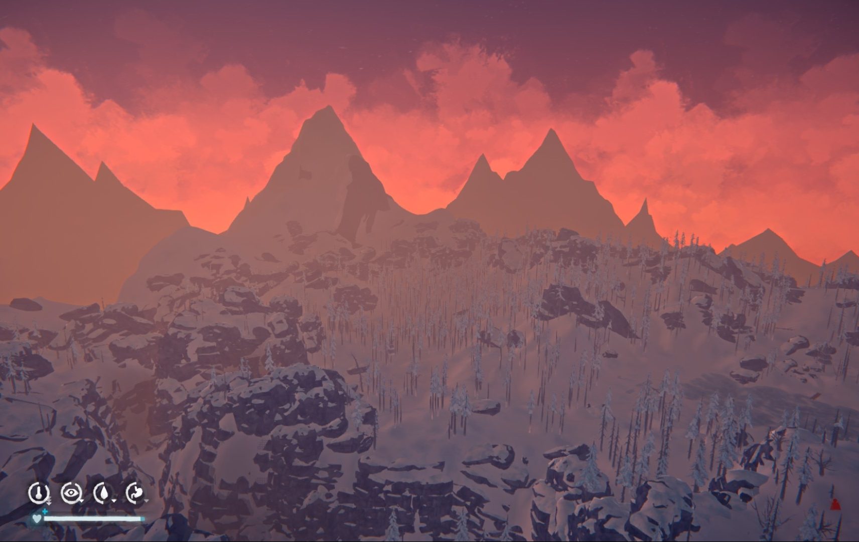 A screenshot from "The Long Dark": a sunrise over some snowy mountains, seen from a high peak