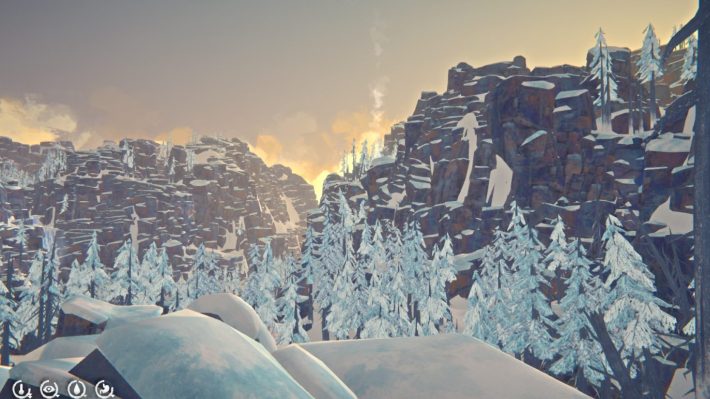 A screenshot from "The Long Dark:" a snowy area of rocky ravines. There is a thin wisp of white smoke in the distance