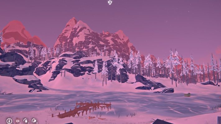 A screenshot from "The Long Dark:" sunrise over a frozen lake with a brown dock. Far in the distance, there's part of a crashed plane on top of a mountain