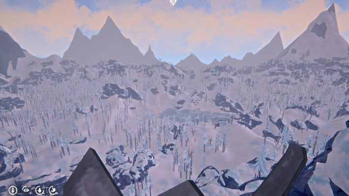A screenshot from "The Long Dark:" a snowy landscape seen from a high peak. There is a lake with a dock in the far distance