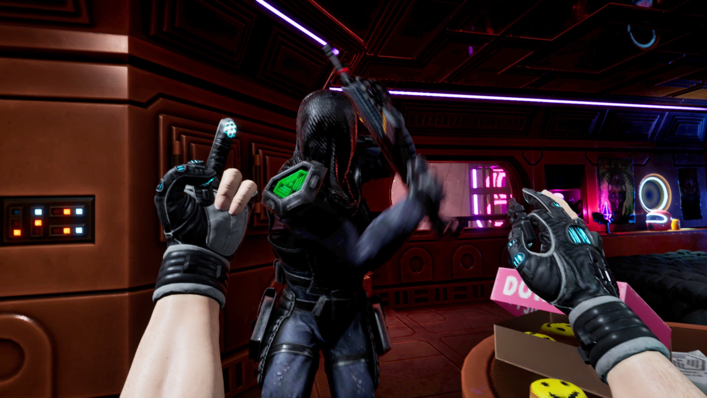 A screenshot from the system shock remake, depicting flipping off a cop from the first person perspective