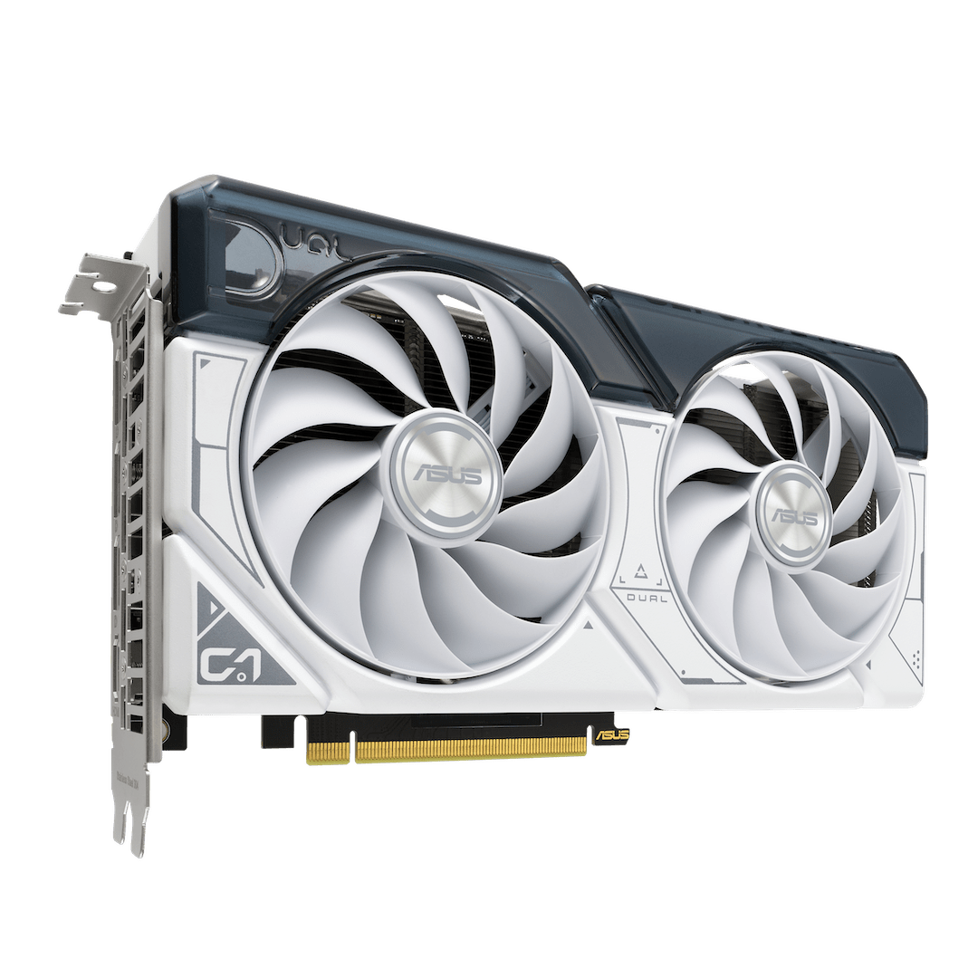 An ASUS RTX 4060 graphics card: a white rectangular piece of computer hardware with two large fans