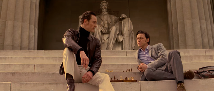 A screenshot of X-Men First Class, featuring Erik Lehnsherr and Charles Xavier playing chess on the steps of the Lincoln Memorial