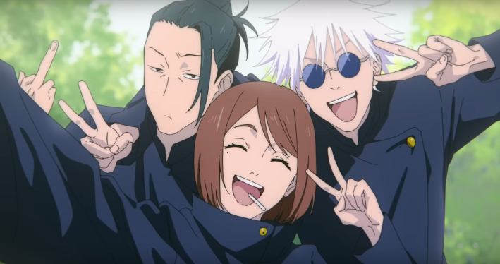 A screenshot from Jujutsu Kaisen's third ending sequence, featuring Gojo, Geto and Shoko taking a selfie in their school uniforms.