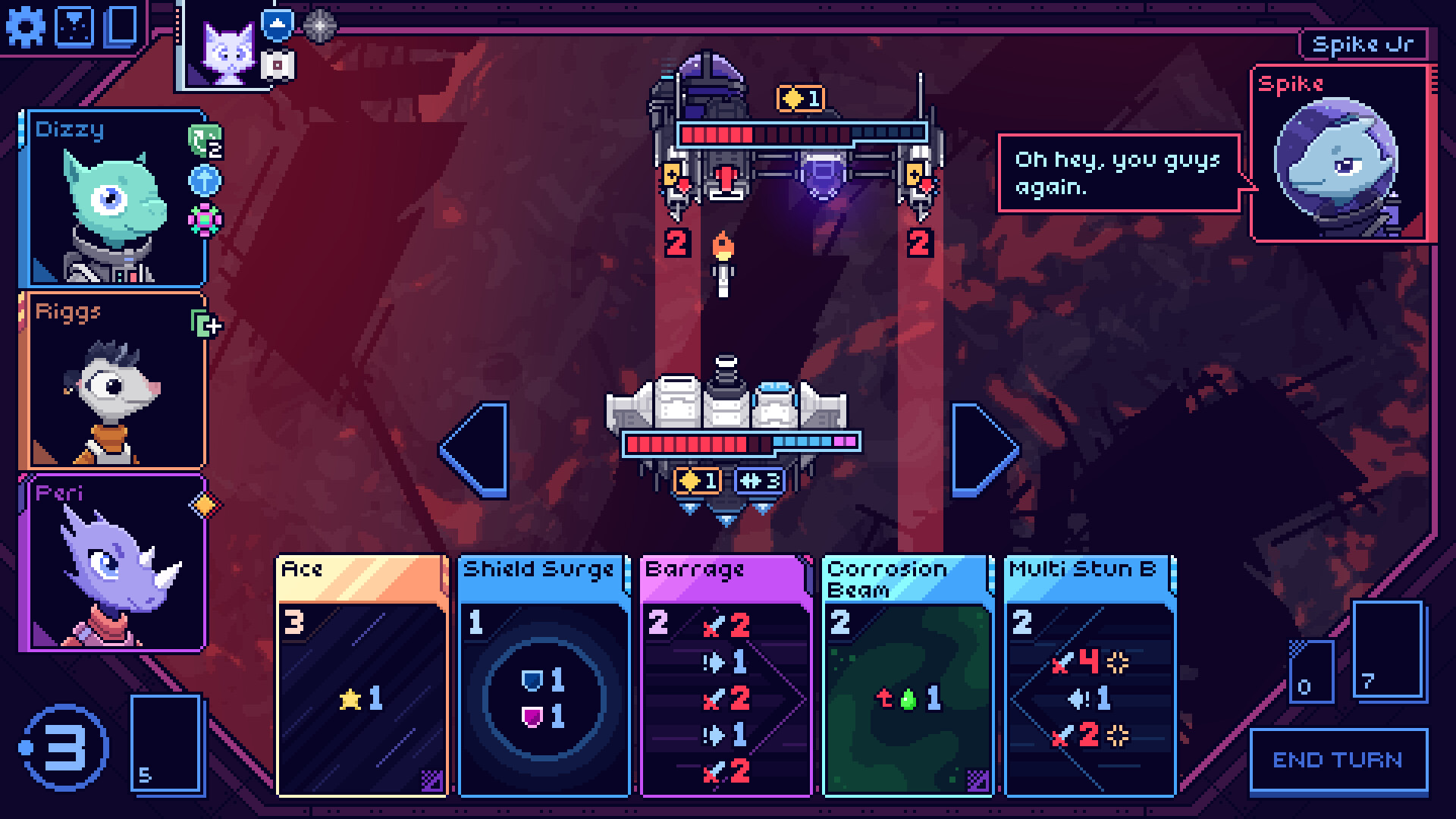 A screenshot from "Cobalt Core:" on the left, three profiles of animal characters. In the center, two spaceships engaged in combat. Beneath the spaceships is a row of cards