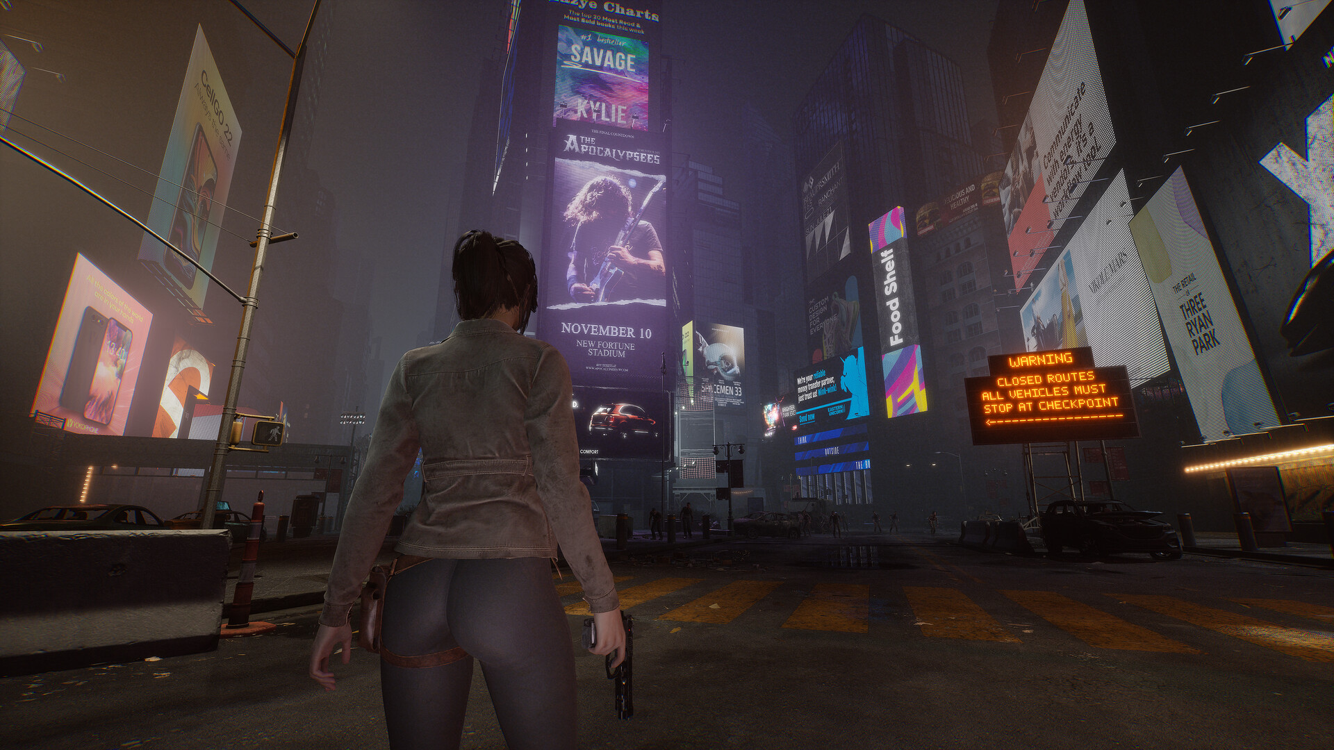 A screenshot from "The Day Before:" a woman in a tan jacket stands before the glowing billboards of an empty city