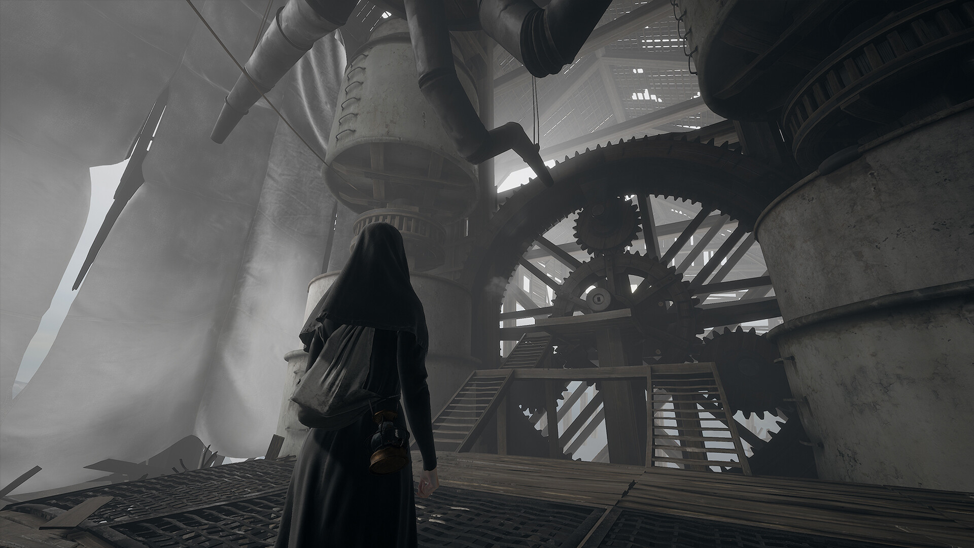 A screenshot from the game "Indika:" a nun in a black habit stands in front of tall mechanical gears