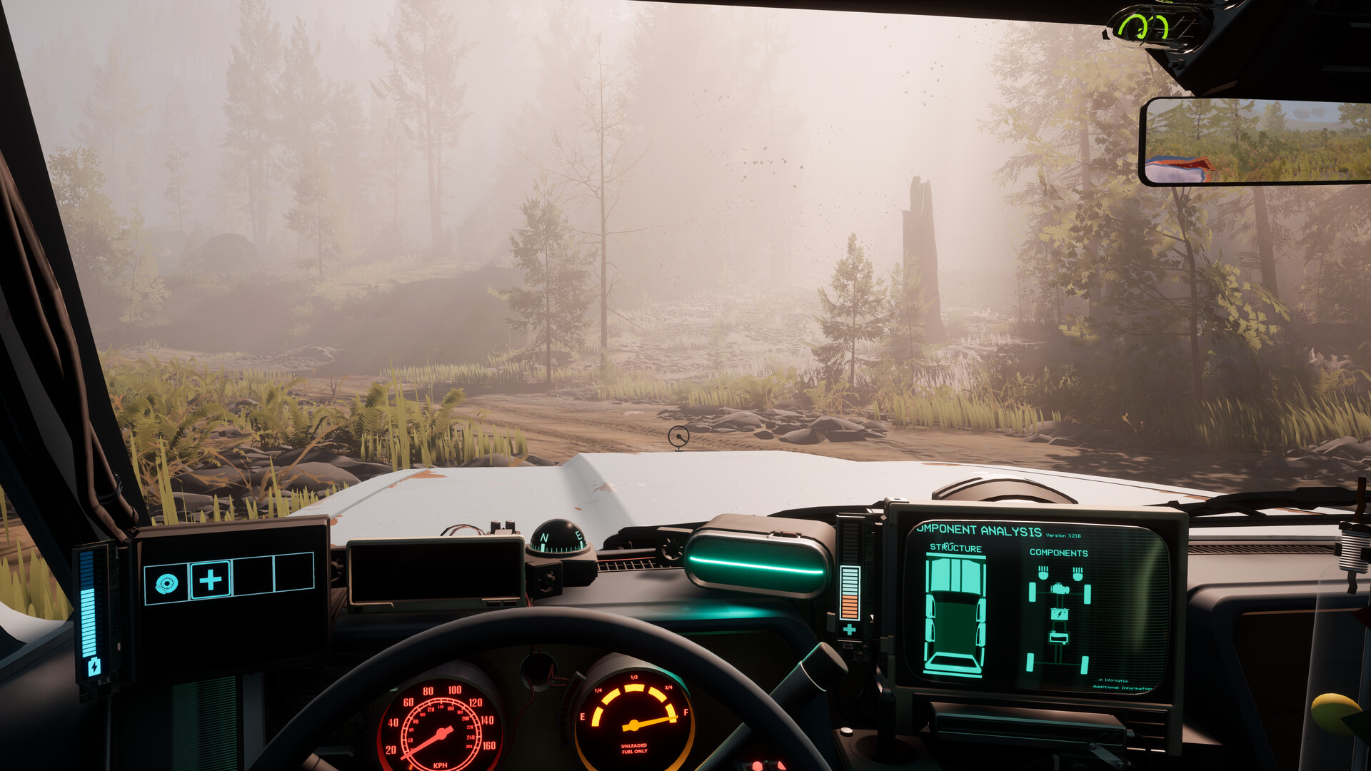 A screenshot from "Pacific Drive:" the interior of a car, with a steering wheel and glowing screens and gauges. An empty landscape is visible through the windshield.