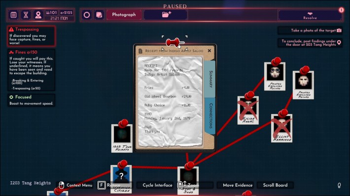 A screenshot from "Shadows of Doubt:" a board with red thread connecting pictures of suspects. At the front, a receipt from a diner