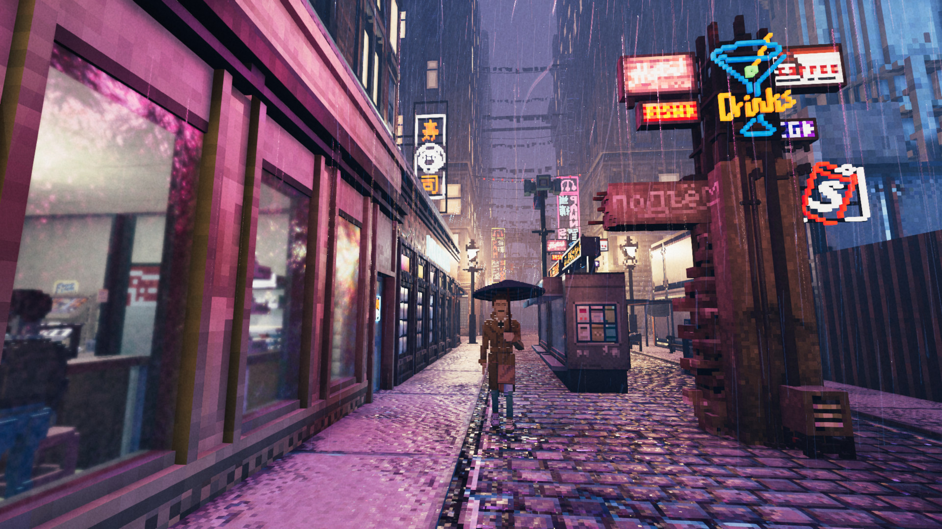 A screenshot from "Shadows of Doubt:" a person in a raincoat and umbrella stands on a rainy street of a neon-lit city