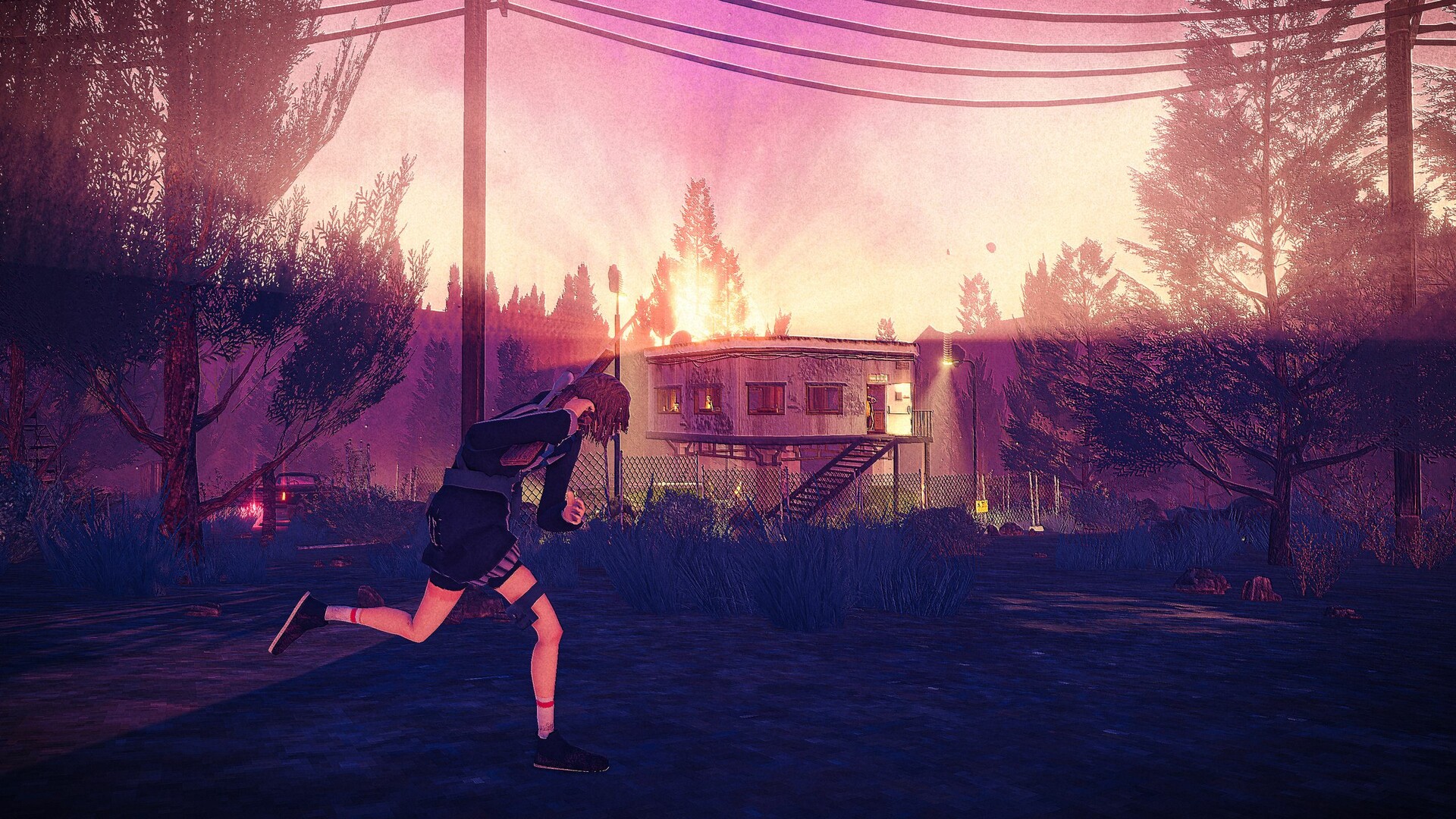 A screenshot from "Children of the Sun:" a character with a gun runs around a small building with glowing enemies inside. In the background, the sun rises over some trees