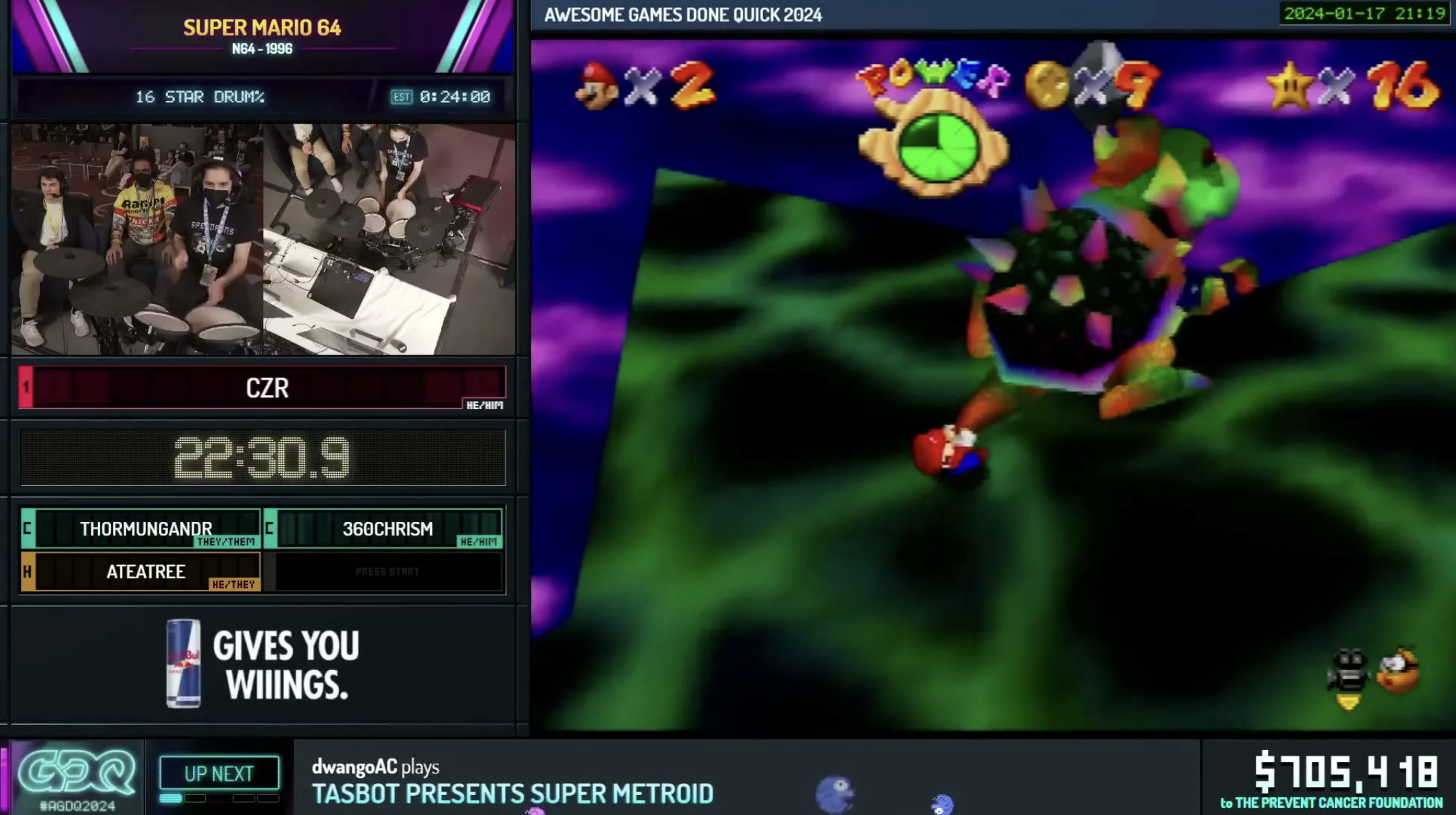 A screenshot of a speedrun from AGDQ of someone using a drum kit to play a video game